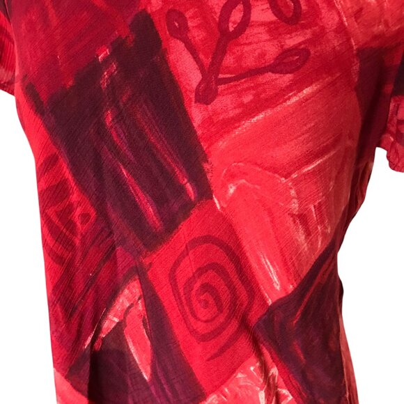 Benjamin A. Geometric Crepe Blouse: Vintage Red Floral Close-Fit Top, Size 12 - Picture 6 of 8